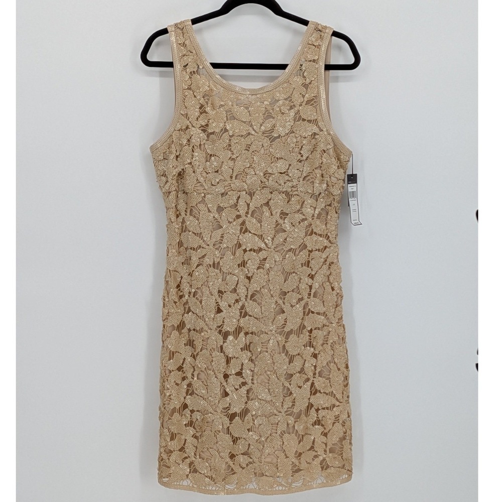 NEW BCBGMAXAZRIA Size 12 $498‎ Duwi Beige Sequin Floral Lace Cocktail Dress